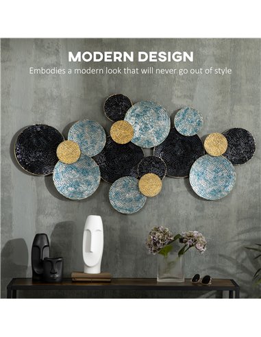 HOMCOM 3D Metal Wall Art Modern Circle Hanging Wall Sculptures Home Decor for Living Room Bedroom Dining Room, Blue Black Gold