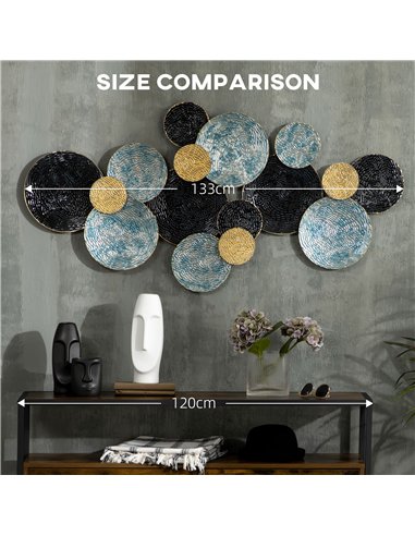 HOMCOM 3D Metal Wall Art Modern Circle Hanging Wall Sculptures Home Decor for Living Room Bedroom Dining Room, Blue Black Gold