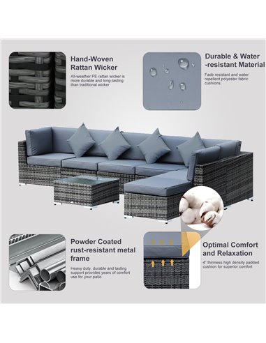 Outsunny 7-Seater Rattan Sofa Garden Furniture Aluminium Outdoor Patio Set Wicker Seater Table - Grey