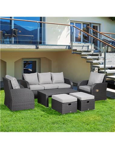 Outsunny Rattan Garden Furniture 7 Seater Sofa & Coffee Table Footstool Set Outdoor Patio Wicker Weave Reclining Chair Space-sav