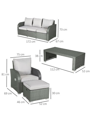 Outsunny Rattan Garden Furniture 7 Seater Sofa & Coffee Table Footstool Set Outdoor Patio Wicker Weave Reclining Chair Space-sav
