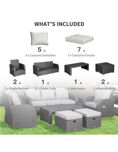 Outsunny Rattan Garden Furniture 7 Seater Sofa & Coffee Table Footstool Set Outdoor Patio Wicker Weave Reclining Chair Space-sav
