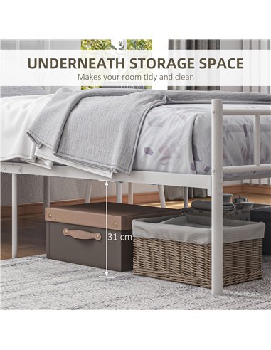 HOMCOM Single Bed Frame, Metal Bed Base with Headboard and Footboard, Metal Slat Support and 31cm Underbed Storage Space