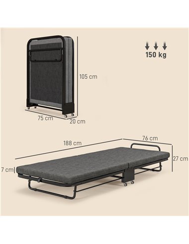 HOMCOM Single Temporary Folding Bed - Grey