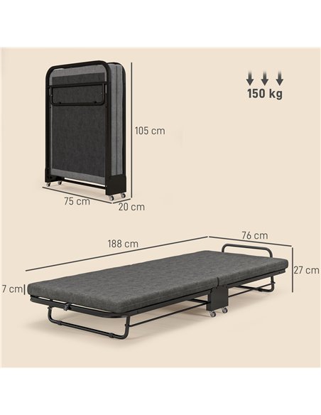 HOMCOM Single Temporary Folding Bed - Grey - pic 132287 | FastDaddyshop