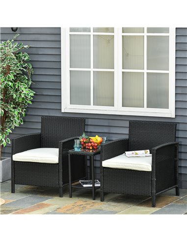 Outsunny 2-Seater PE Rattan Side Table & Armchair Bistro Set with Pillows, Black