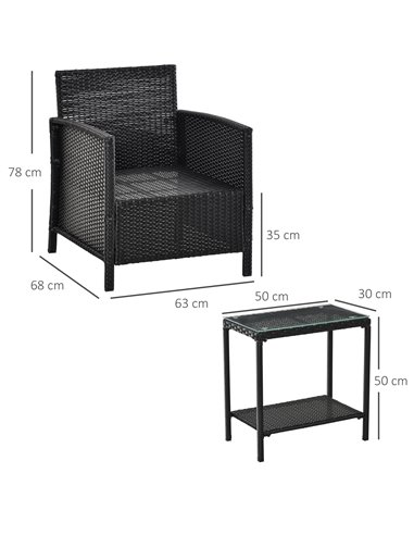 Outsunny 2-Seater PE Rattan Side Table & Armchair Bistro Set with Pillows, Black