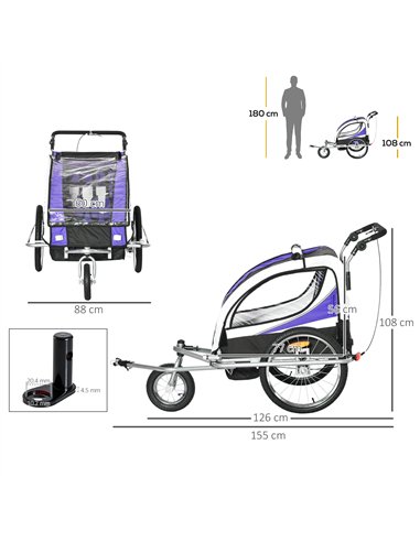 HOMCOM Baby Bike Trailer, Child Bicycle Trailer with 5 Point Harness, Steel Frame, Reflectors, Safety Flag, Hitch Coupler, Purpl