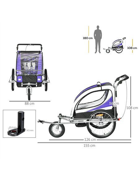 HOMCOM Baby Bike Trailer, Child Bicycle Trailer with 5 Point Harness, Steel Frame, Reflectors, Safety Flag, Hitch Coupler, Purpl - pic 132359 | FastDaddyshop