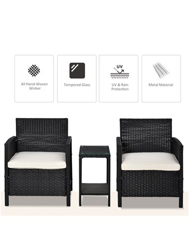 Outsunny 2-Seater PE Rattan Side Table & Armchair Bistro Set with Pillows, Black