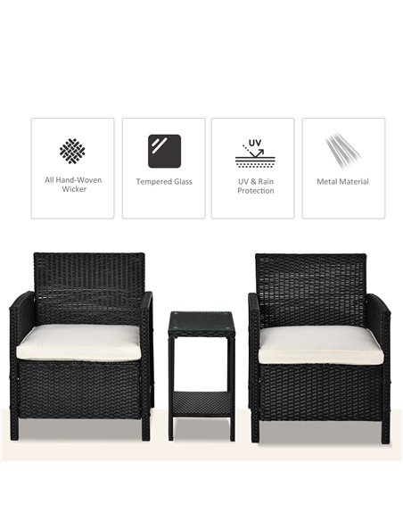 Outsunny 2-Seater PE Rattan Side Table & Armchair Bistro Set with Pillows, Black - pic 13236 | FastDaddyshop