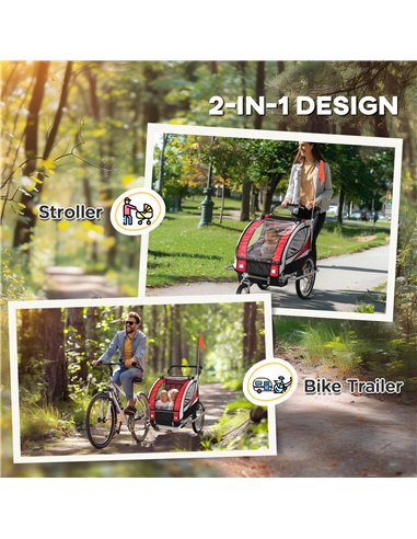 HOMCOM Baby Bike Trailer, Child Bicycle Trailer with 5 Point Harness, Steel Frame, Reflectors, Safety Flag, Hitch Coupler, Red