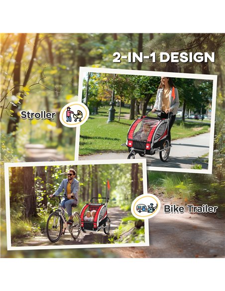 HOMCOM Baby Bike Trailer, Child Bicycle Trailer with 5 Point Harness, Steel Frame, Reflectors, Safety Flag, Hitch Coupler, Red - pic 132369 | FastDaddyshop