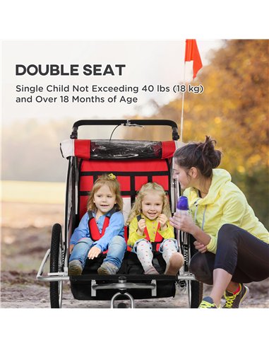 HOMCOM Baby Bike Trailer, Child Bicycle Trailer with 5 Point Harness, Steel Frame, Reflectors, Safety Flag, Hitch Coupler, Red