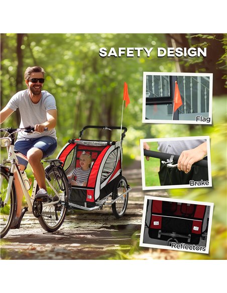 HOMCOM Baby Bike Trailer, Child Bicycle Trailer with 5 Point Harness, Steel Frame, Reflectors, Safety Flag, Hitch Coupler, Red - pic 132373 | FastDaddyshop