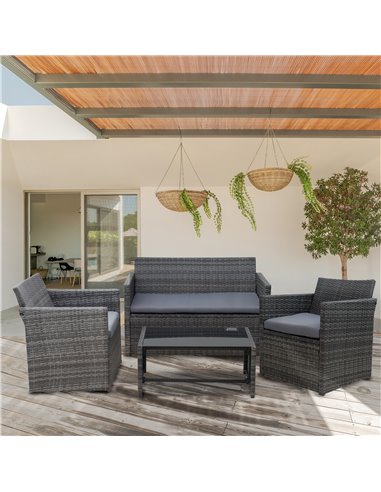Outsunny 4-Seater Rattan Garden Furniture Sofa Set Outdoor Patio Wicker Weave 2-seater Bench Chairs & Coffee Table, Grey