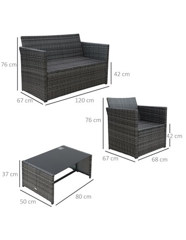 Outsunny 4-Seater Rattan Garden Furniture Sofa Set Outdoor Patio Wicker Weave 2-seater Bench Chairs & Coffee Table, Grey