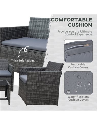 Outsunny 4-Seater Rattan Garden Furniture Sofa Set Outdoor Patio Wicker Weave 2-seater Bench Chairs & Coffee Table, Grey