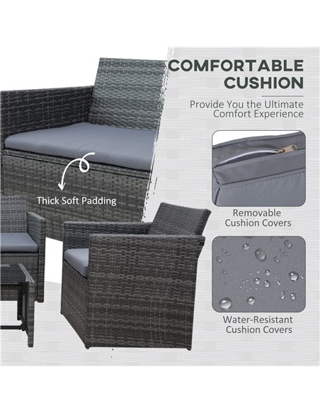 Outsunny 4-Seater Rattan Garden Furniture Sofa Set Outdoor Patio Wicker Weave 2-seater Bench Chairs & Coffee Table, Grey - pic 13245 | FastDaddyshop