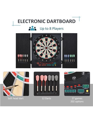 HOMCOM Electronic Dartboard Set, 27 Games Modes and 202 Variations, LED & 12 Soft Tip Darts and Cabinet to Storage, Ready-to-Pla