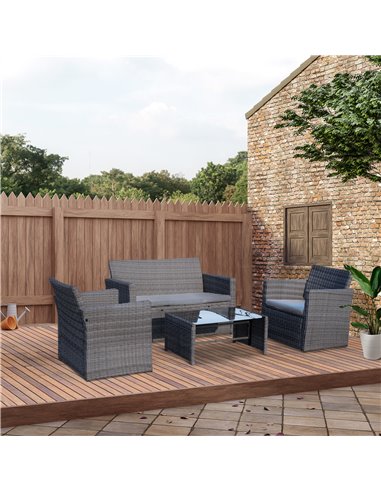 Outsunny 4-Seater Rattan Garden Furniture Sofa Set Outdoor Patio Wicker Weave 2-seater Bench Chairs & Coffee Table, Grey