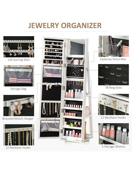 HOMCOM 360° Swivel Jewellery Cabinet, Mirror Armoire, Full Length Mirror, Lockable Jewellery Organiser with Built-In Small Mirro - pic 132495 | FastDaddyshop