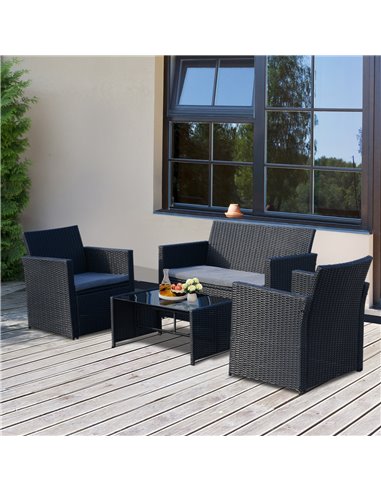 Outsunny 4-Seater Rattan Garden Furniture Set with 2-seater Bench, Chairs & Coffee Table, Black