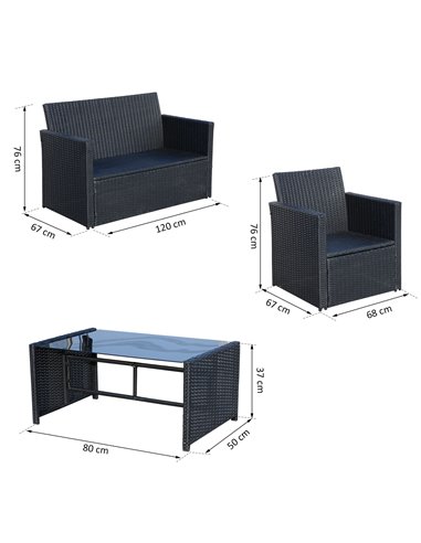 Outsunny 4-Seater Rattan Garden Furniture Set with 2-seater Bench, Chairs & Coffee Table, Black