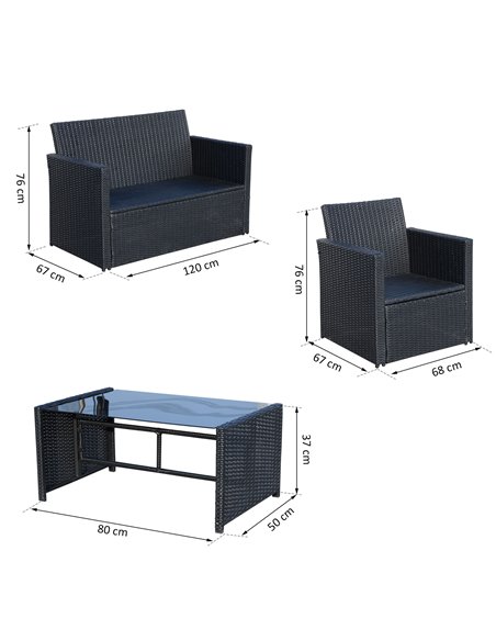 Outsunny 4-Seater Rattan Garden Furniture Set with 2-seater Bench, Chairs & Coffee Table, Black - pic 13251 | FastDaddyshop