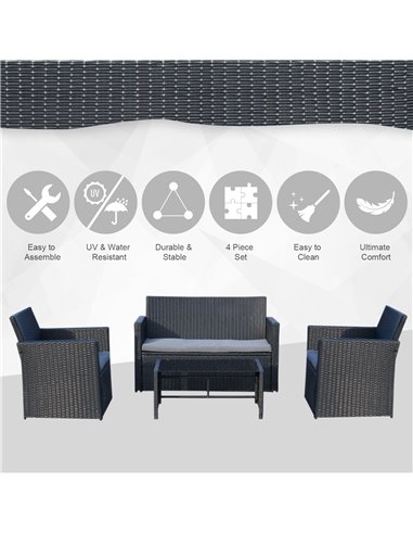 Outsunny 4-Seater Rattan Garden Furniture Set with 2-seater Bench, Chairs & Coffee Table, Black