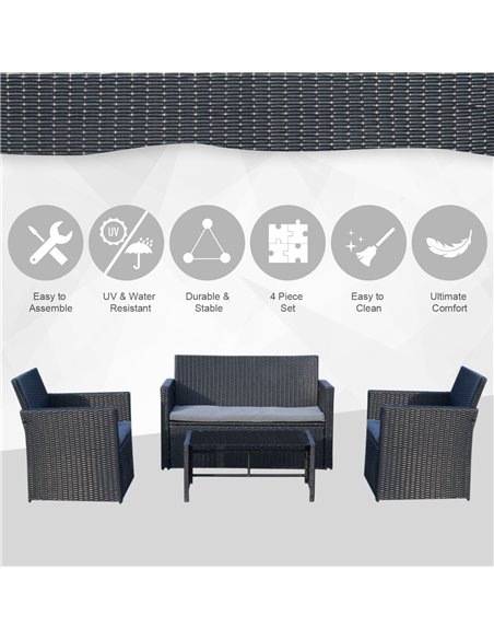 Outsunny 4-Seater Rattan Garden Furniture Set with 2-seater Bench, Chairs & Coffee Table, Black - pic 13254 | FastDaddyshop