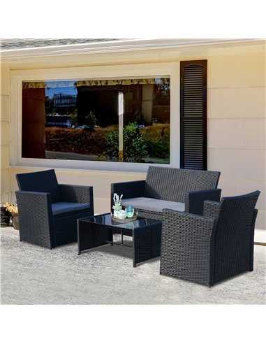 Outsunny 4-Seater Rattan Garden Furniture Set with 2-seater Bench, Chairs & Coffee Table, Black