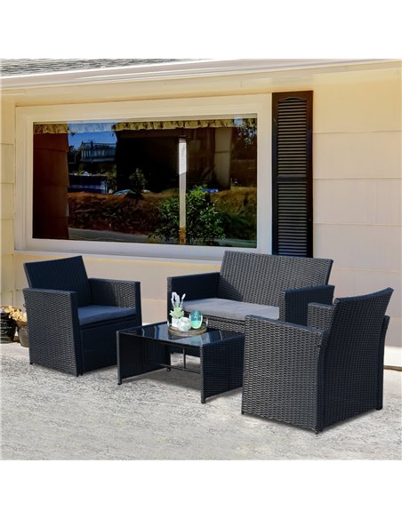 Outsunny 4-Seater Rattan Garden Furniture Set with 2-seater Bench, Chairs & Coffee Table, Black - pic 13257 | FastDaddyshop
