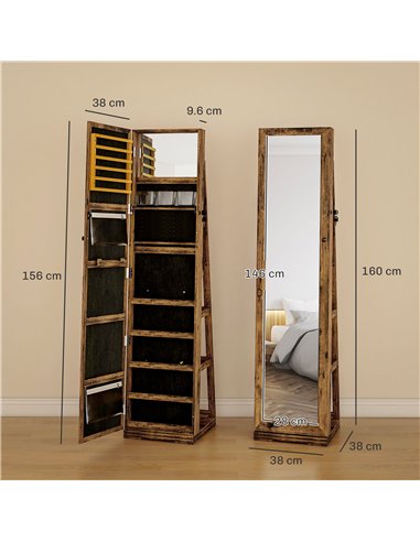 HOMCOM 360° Swivel Jewellery Cabinet, Mirror Armoire, Full Length Mirror, Lockable Jewellery Organiser with Built-In Small Mirro