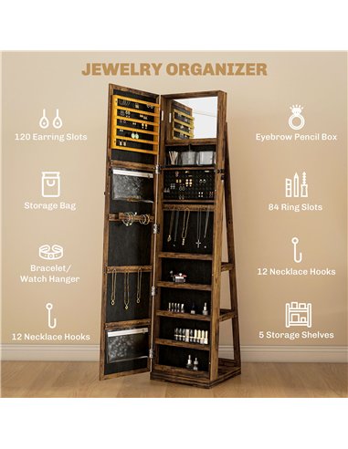 HOMCOM 360° Swivel Jewellery Cabinet, Mirror Armoire, Full Length Mirror, Lockable Jewellery Organiser with Built-In Small Mirro