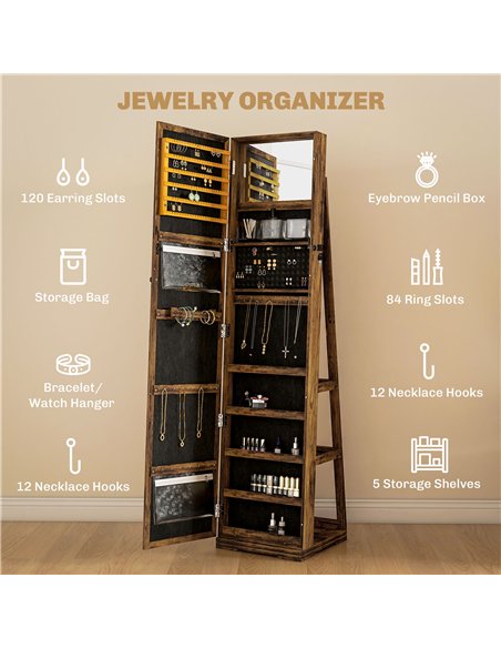 HOMCOM 360° Swivel Jewellery Cabinet, Mirror Armoire, Full Length Mirror, Lockable Jewellery Organiser with Built-In Small Mirro - pic 132587 | FastDaddyshop