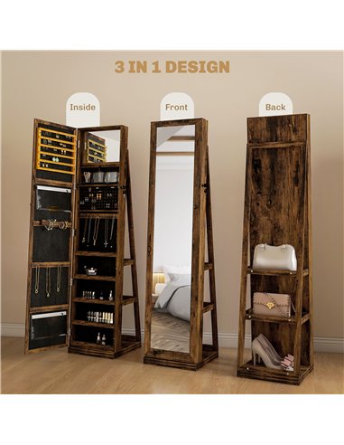 HOMCOM 360° Swivel Jewellery Cabinet, Mirror Armoire, Full Length Mirror, Lockable Jewellery Organiser with Built-In Small Mirro