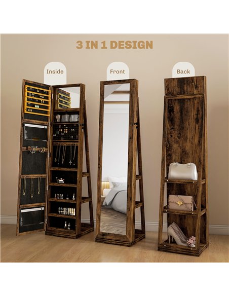 HOMCOM 360° Swivel Jewellery Cabinet, Mirror Armoire, Full Length Mirror, Lockable Jewellery Organiser with Built-In Small Mirro - pic 132588 | FastDaddyshop