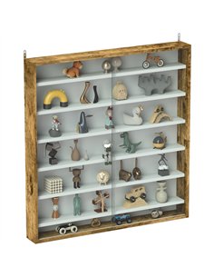 HOMCOM 7-Tier Wall Display Shelf Unit Cabinet w/ 6 Adjustable Shelves Glass Doors Home Office Ornaments 83x80cm, Rustic Brown