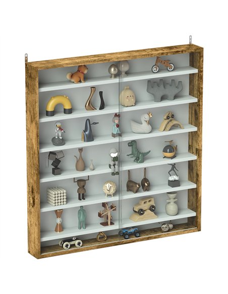 HOMCOM 7-Tier Wall Display Shelf Unit Cabinet w/ 6 Adjustable Shelves Glass Doors Home Office Ornaments 83x80cm, Rustic Brown - pic 132590 | FastDaddyshop