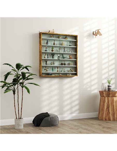 HOMCOM 7-Tier Wall Display Shelf Unit Cabinet w/ 6 Adjustable Shelves Glass Doors Home Office Ornaments 83x80cm, Rustic Brown - pic 132591 | FastDaddyshop