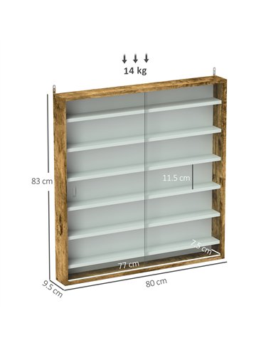 HOMCOM 7-Tier Wall Display Shelf Unit Cabinet w/ 6 Adjustable Shelves Glass Doors Home Office Ornaments 83x80cm, Rustic Brown