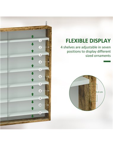 HOMCOM 7-Tier Wall Display Shelf Unit Cabinet w/ 6 Adjustable Shelves Glass Doors Home Office Ornaments 83x80cm, Rustic Brown