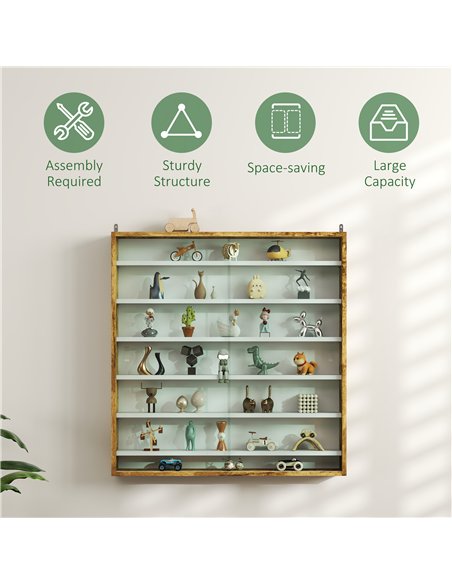 HOMCOM 7-Tier Wall Display Shelf Unit Cabinet w/ 6 Adjustable Shelves Glass Doors Home Office Ornaments 83x80cm, Rustic Brown - pic 132595 | FastDaddyshop