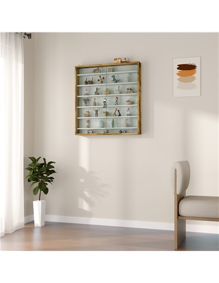HOMCOM 7-Tier Wall Display Shelf Unit Cabinet w/ 6 Adjustable Shelves Glass Doors Home Office Ornaments 83x80cm, Rustic Brown - pic 132597 | FastDaddyshop
