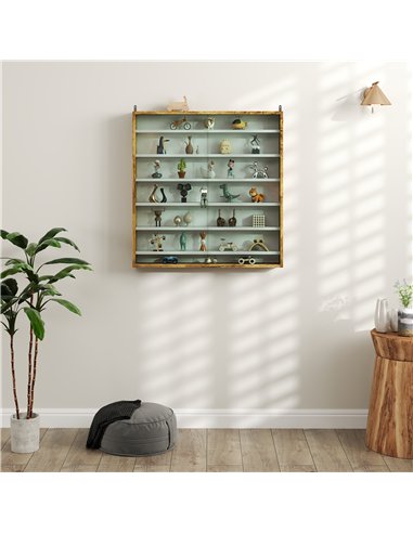 HOMCOM 7-Tier Wall Display Shelf Unit Cabinet w/ 6 Adjustable Shelves Glass Doors Home Office Ornaments 83x80cm, Rustic Brown
