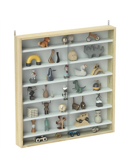 HOMCOM 7-Tier Wall Display Shelf Unit Cabinet w/ 6 Adjustable Shelves Glass Doors Home Office Ornaments 83x80cm, Oak - pic 132599 | FastDaddyshop