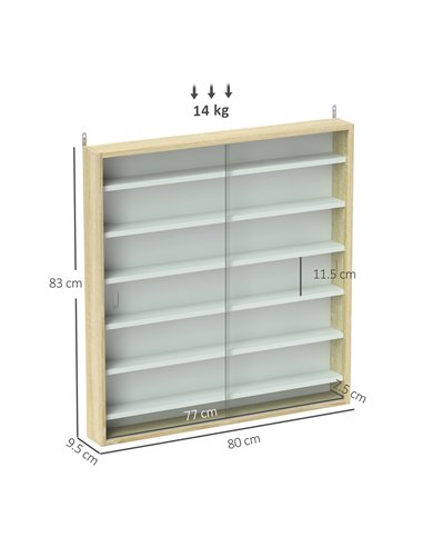 HOMCOM 7-Tier Wall Display Shelf Unit Cabinet w/ 6 Adjustable Shelves Glass Doors Home Office Ornaments 83x80cm, Oak