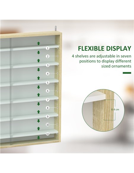 HOMCOM 7-Tier Wall Display Shelf Unit Cabinet w/ 6 Adjustable Shelves Glass Doors Home Office Ornaments 83x80cm, Oak - pic 132602 | FastDaddyshop