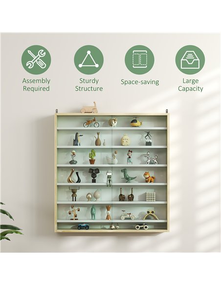 HOMCOM 7-Tier Wall Display Shelf Unit Cabinet w/ 6 Adjustable Shelves Glass Doors Home Office Ornaments 83x80cm, Oak - pic 132604 | FastDaddyshop